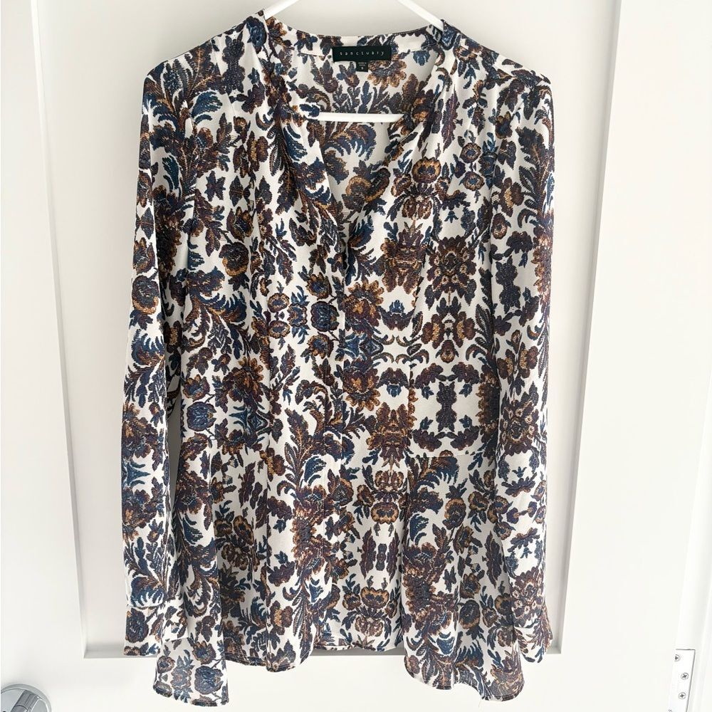 Sanctuary Boho Floral Blouse Long Sleeve Cream Blue Brown Peplum Top size Small